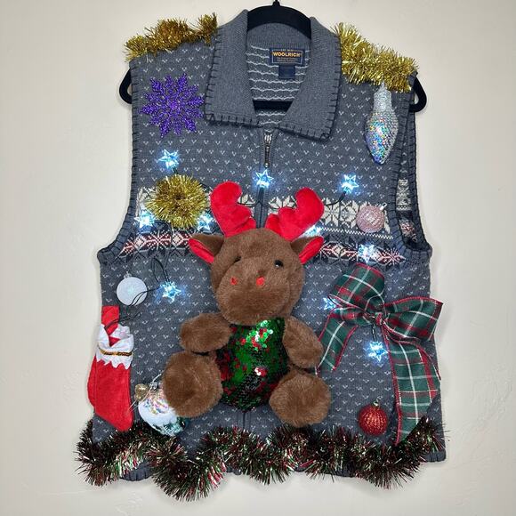 Ugly Christmas Sweater Vest Moose LIGHTS UP Tacky Tinsel Xmas Party Winner Large - Picture 1 of 5
